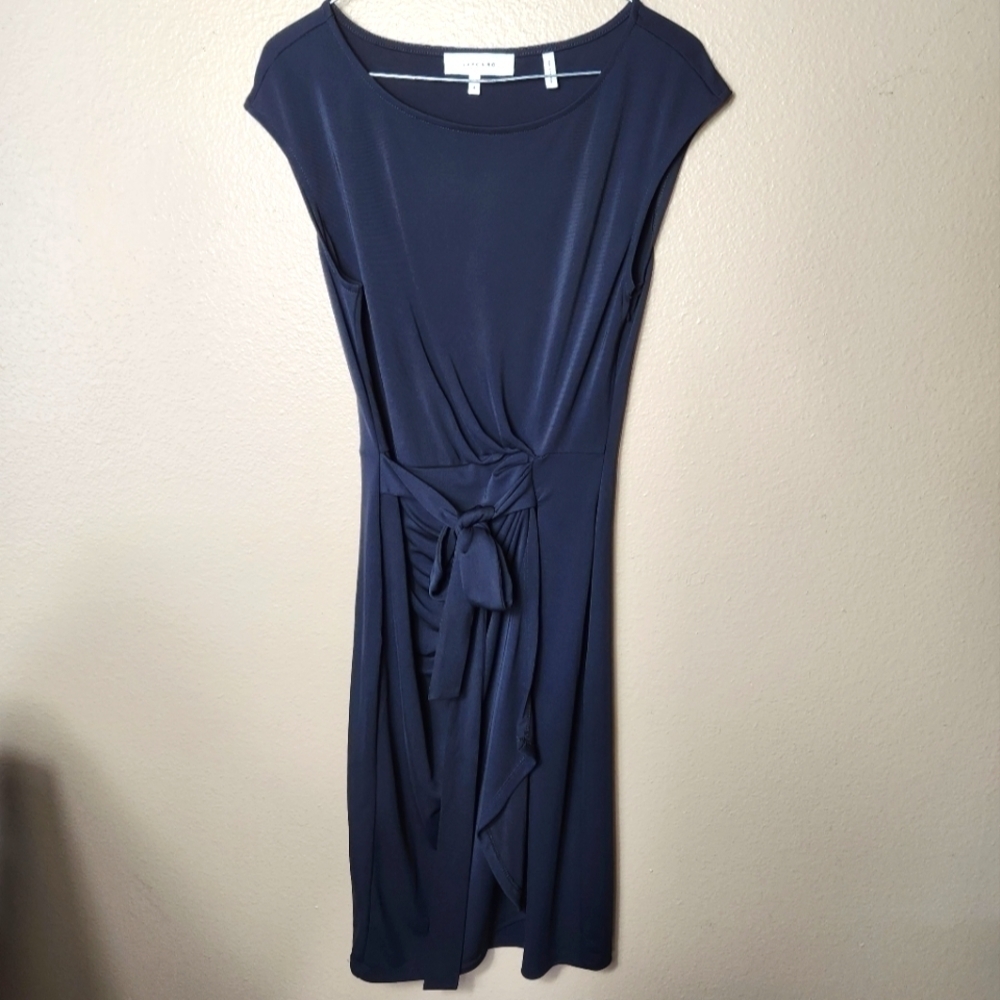 Lark & Ro Black Sleeveless Ruched Tie Waist Knee Length Dress-Size 4